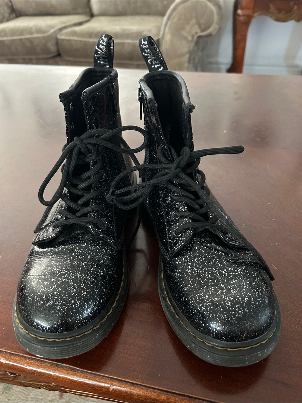 Dr. Martens Kids Black Glitter Speckle Combat Boots